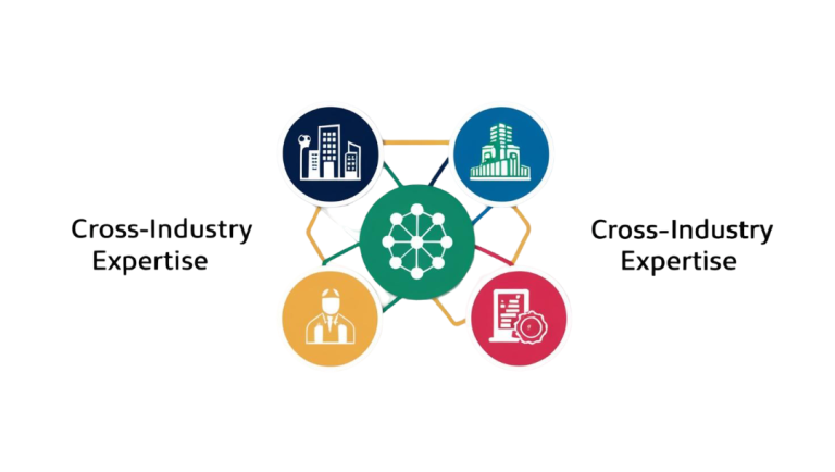 Connects icons to symbolize cross-industry expertise.