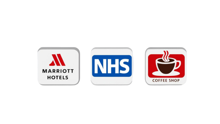 Mini-icons of Marriott, NHS, and coffee shop chains.